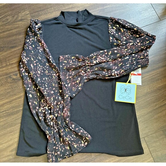 CeCe Women's Sheer Printed Long-Sleeve Mock Neck Top Rich Black XS - Picture 4 of 7